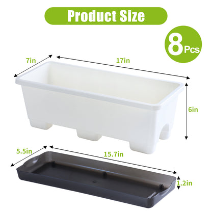 OLiz Window Box Planter 8 Pcs, 17 Inches Rectangle Flower Pots with Drainage Holes and Trays, Vegetable Planters for Windowsill Patio Garden Balcony Home Porch Yard Indoor Outdoor (White)--SC11