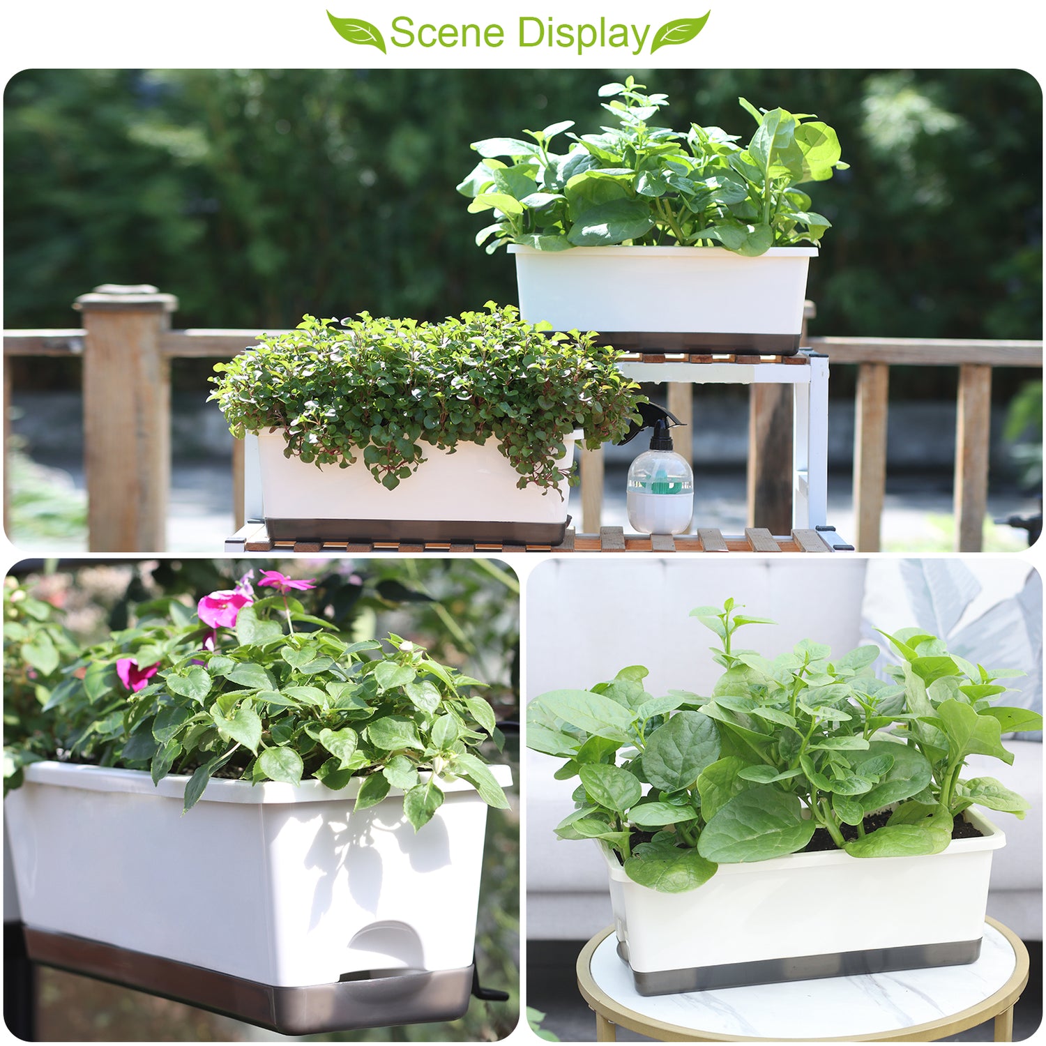 OLiz Window Box Planter 8 Pcs, 17 Inches Rectangle Flower Pots with Drainage Holes and Trays, Vegetable Planters for Windowsill Patio Garden Balcony Home Porch Yard Indoor Outdoor (White)--SC11
