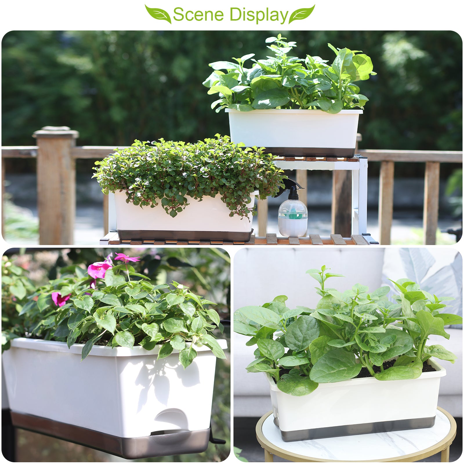 OLiz Window Box Planter 8 Pcs, 17 Inches Rectangle Flower Pots with Drainage Holes and Trays, Vegetable Planters for Windowsill Patio Garden Balcony Home Porch Yard Indoor Outdoor (White)--SC11