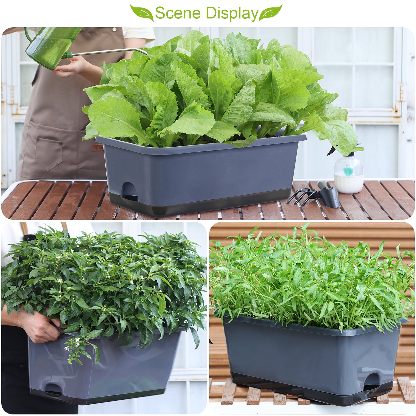 OLiz Window Box Planter 8 Pcs, 17 Inches Rectangle Flower Pots with Drainage Holes and Trays, Vegetable Planters for Windowsill Patio Garden Balcony Home Porch Yard Indoor Outdoor (Grey)--SC11