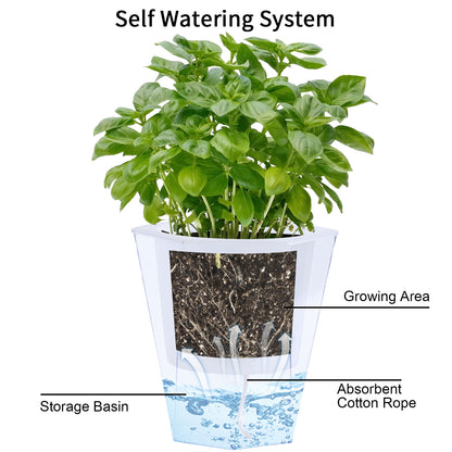 OLiz Self Watering Planter 5 Pcs, 4.5 Inch Flower Plant Pot with Transparent Inner Pot, Gardening Flowerpot with Watering Can, Indoor Self Watering Planter Pot for Herbs, Flowers (Green)/(White) U05