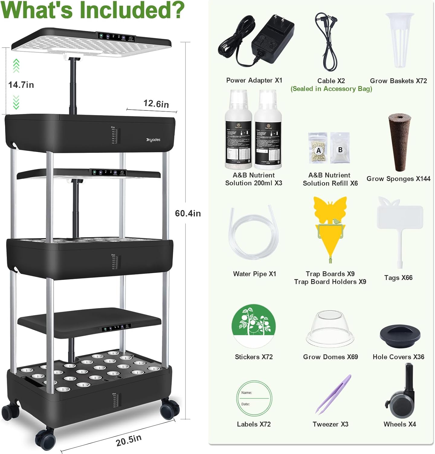 DRYADES 66 Pods Hydroponics Growing System, DRYADES Three Layers Indoor Garden with LED Full Spectrum Grow Light, 3 × 13.3L Water Tanks, Height &amp; Angle Adjustable, Professional Smart Plant Germination Kits --Z243