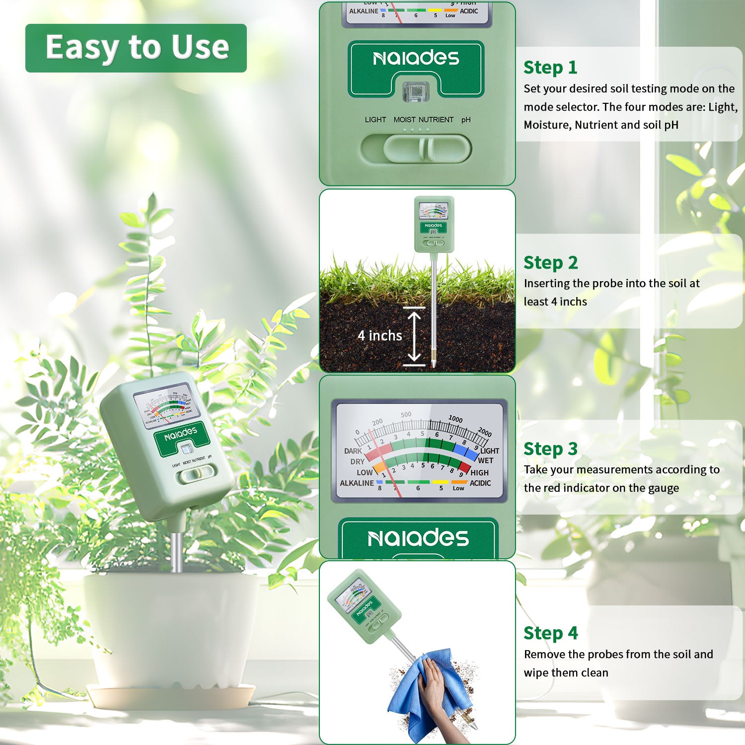 Naiades Soil Moisture Meter for Plants, 4-in-1 Soil pH Tester, Soil Tester for Moisture, Light, Nutrients, pH, Soil Ph Test Kit Water Meter for Indoor Plants &amp; Outdoor Garden, Lawn, Farm (No Battery Required) --Green P404