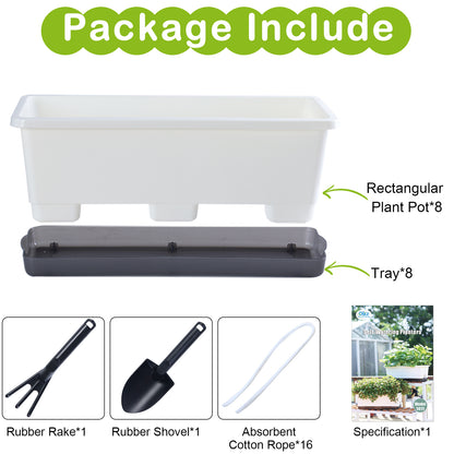 OLiz Window Box Planter 8 Pcs, 17 Inches Rectangle Flower Pots with Drainage Holes and Trays, Vegetable Planters for Windowsill Patio Garden Balcony Home Porch Yard Indoor Outdoor (White)--SC11