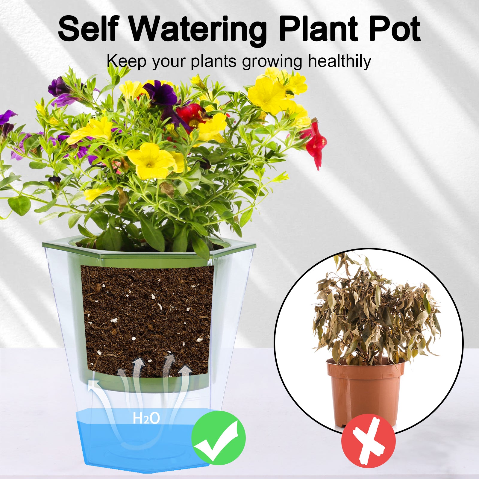 OLiz Self Watering Planter 5 Pcs, 4.5 Inch Flower Plant Pot with Transparent Inner Pot, Gardening Flowerpot with Watering Can, Indoor Self Watering Planter Pot for Herbs, Flowers (Green)/(White) U05