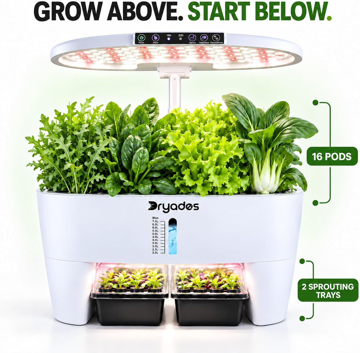 Dryades 16-Pod Hydroponics Growing System with Lower Seed Starter, White Z244
