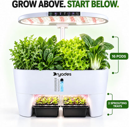 Dryades 16-Pod Hydroponics Growing System with Lower Seed Starter, White Z244