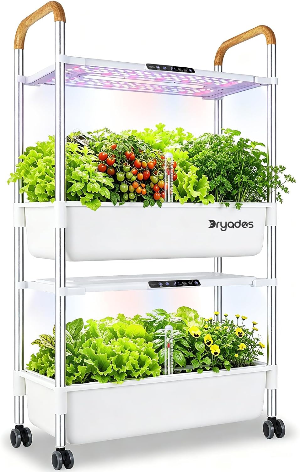 Dryades 54-Pod Hydroponic Growing System, 2-Tier Indoor Garden for Herbs &amp; Vegetables with 2×30W Full-Spectrum LED Grow Lights, 28L Water Capacity, Rolling Stand, Starter Seeds Included Z248-2-WH