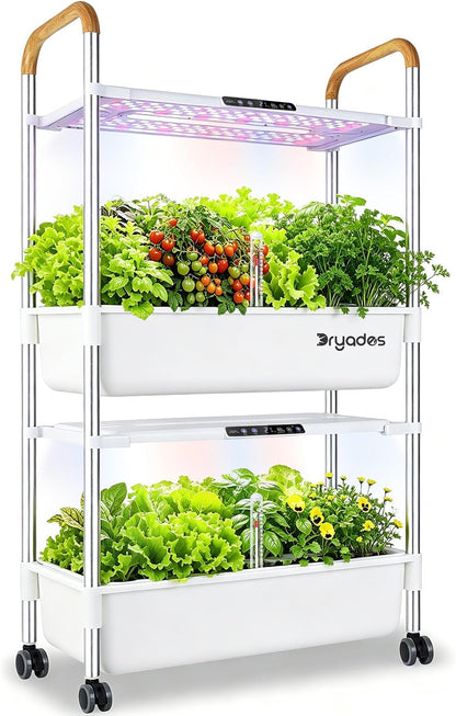 Dryades 54-Pod Hydroponic Growing System, 2-Tier Indoor Garden for Herbs &amp; Vegetables with 2×30W Full-Spectrum LED Grow Lights, 28L Water Capacity, Rolling Stand, Starter Seeds Included Z248-2-WH