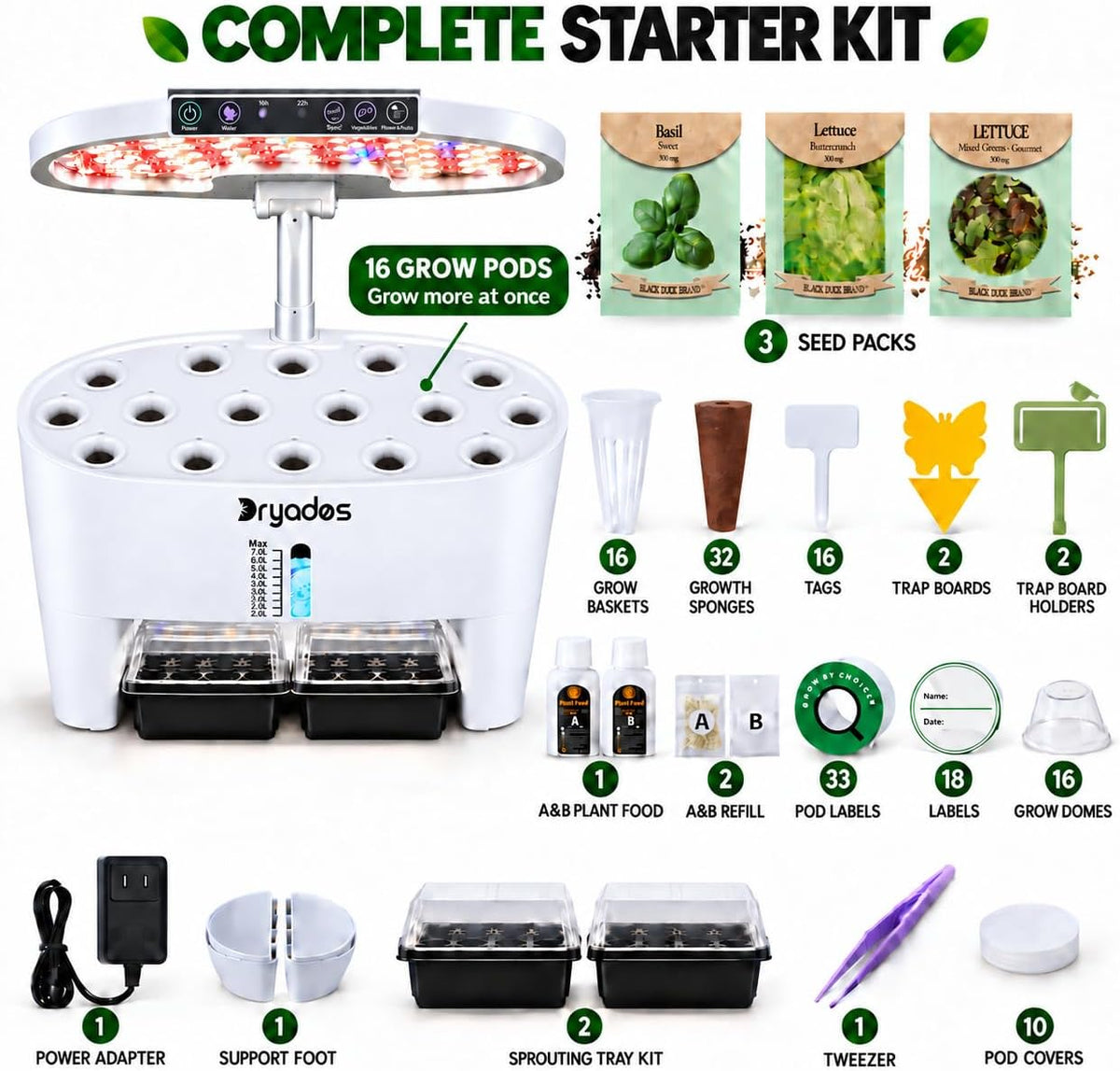 Dryades 16-Pod Hydroponics Growing System with Lower Seed Starter, White Z244