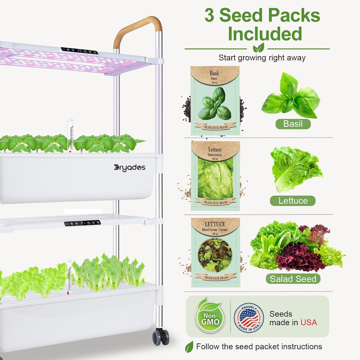 Dryades 54-Pod Hydroponic Growing System, 2-Tier Indoor Garden for Herbs &amp; Vegetables with 2×30W Full-Spectrum LED Grow Lights, 28L Water Capacity, Rolling Stand, Starter Seeds Included Z248-2-WH