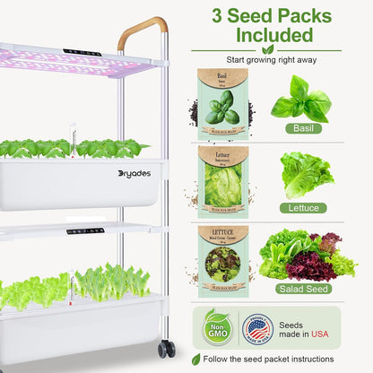 Dryades 54-Pod Hydroponic Growing System, 2-Tier Indoor Garden for Herbs &amp; Vegetables with 2×30W Full-Spectrum LED Grow Lights, 28L Water Capacity, Rolling Stand, Starter Seeds Included Z248-2-WH