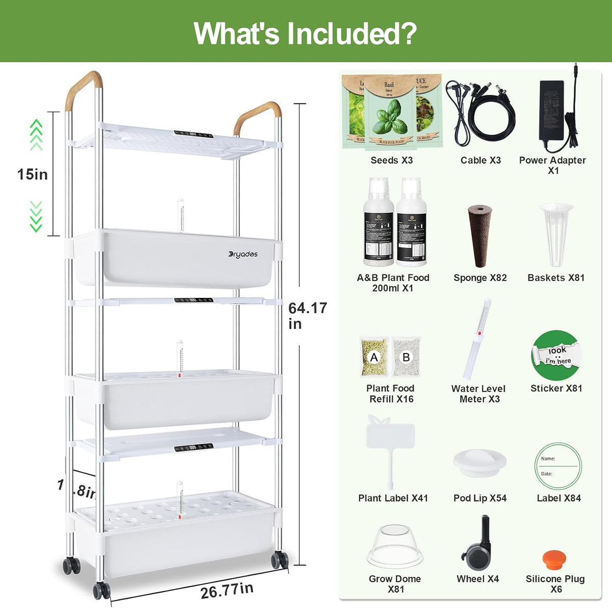 DRYADES Hydroponic Growing System, 81-Pod Large Indoor Herb Garden 3-Tier with 3 x 30W LED Grow Lights, Independent Pump, 42L Total Water Level, Movable Planter with 3 Seed Packs Included(White)Z248-3-WH