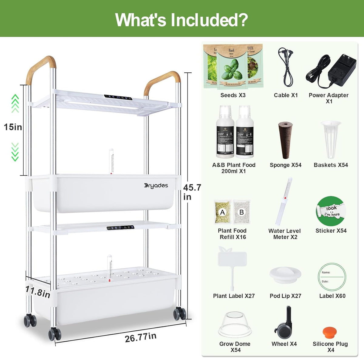 Dryades 54-Pod Hydroponic Growing System, 2-Tier Indoor Garden for Herbs &amp; Vegetables with 2×30W Full-Spectrum LED Grow Lights, 28L Water Capacity, Rolling Stand, Starter Seeds Included Z248-2-WH