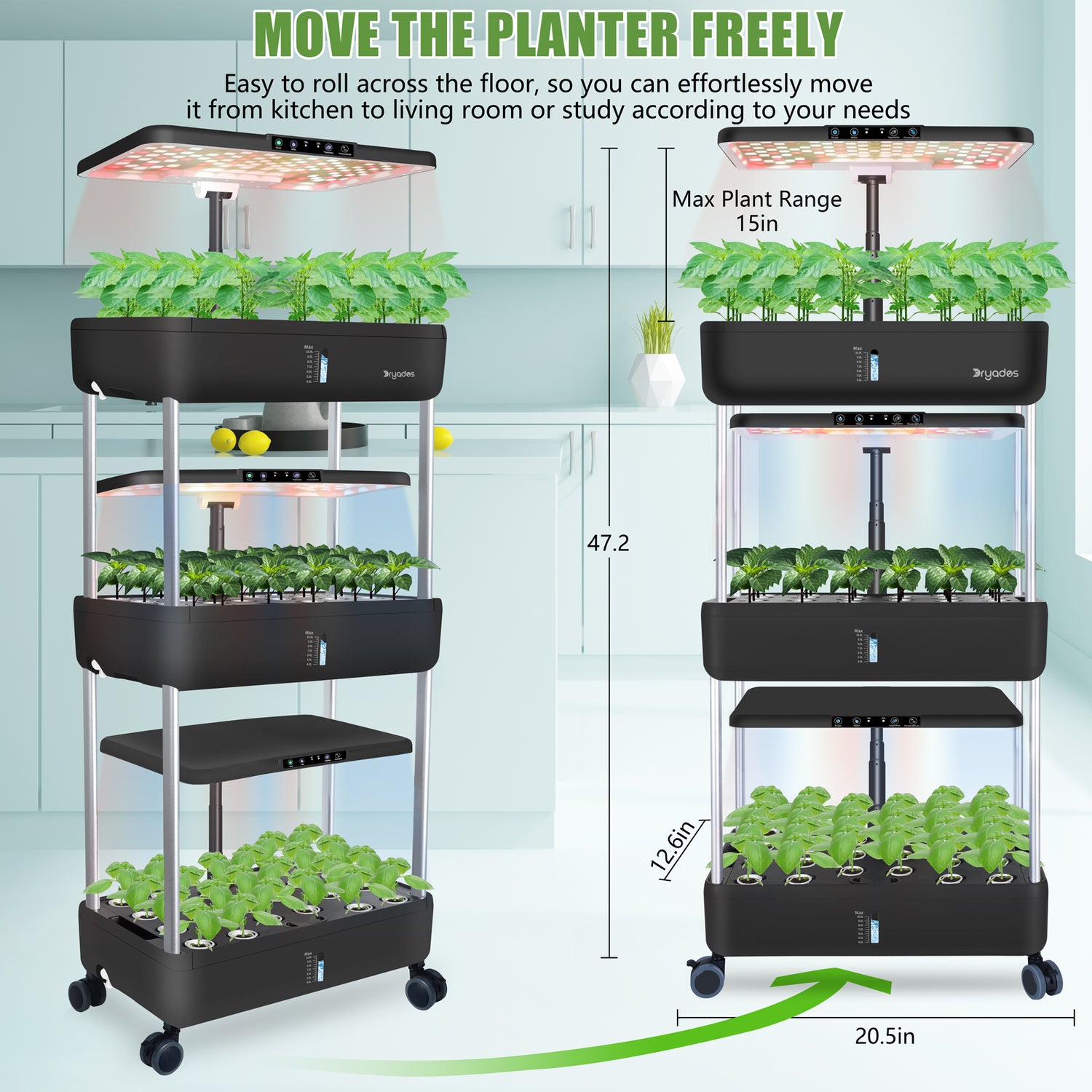DRYADES 66 Pods Hydroponics Growing System, DRYADES Three Layers Indoor Garden with LED Full Spectrum Grow Light, 3 × 13.3L Water Tanks, Height &amp; Angle Adjustable, Professional Smart Plant Germination Kits --Z243