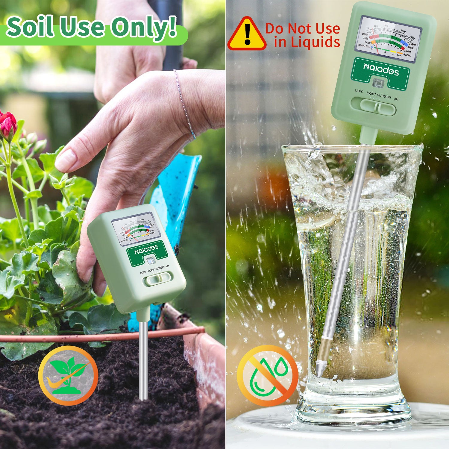Naiades Soil Moisture Meter for Plants, 4-in-1 Soil pH Tester, Soil Tester for Moisture, Light, Nutrients, pH, Soil Ph Test Kit Water Meter for Indoor Plants &amp; Outdoor Garden, Lawn, Farm (No Battery Required) --Green P404