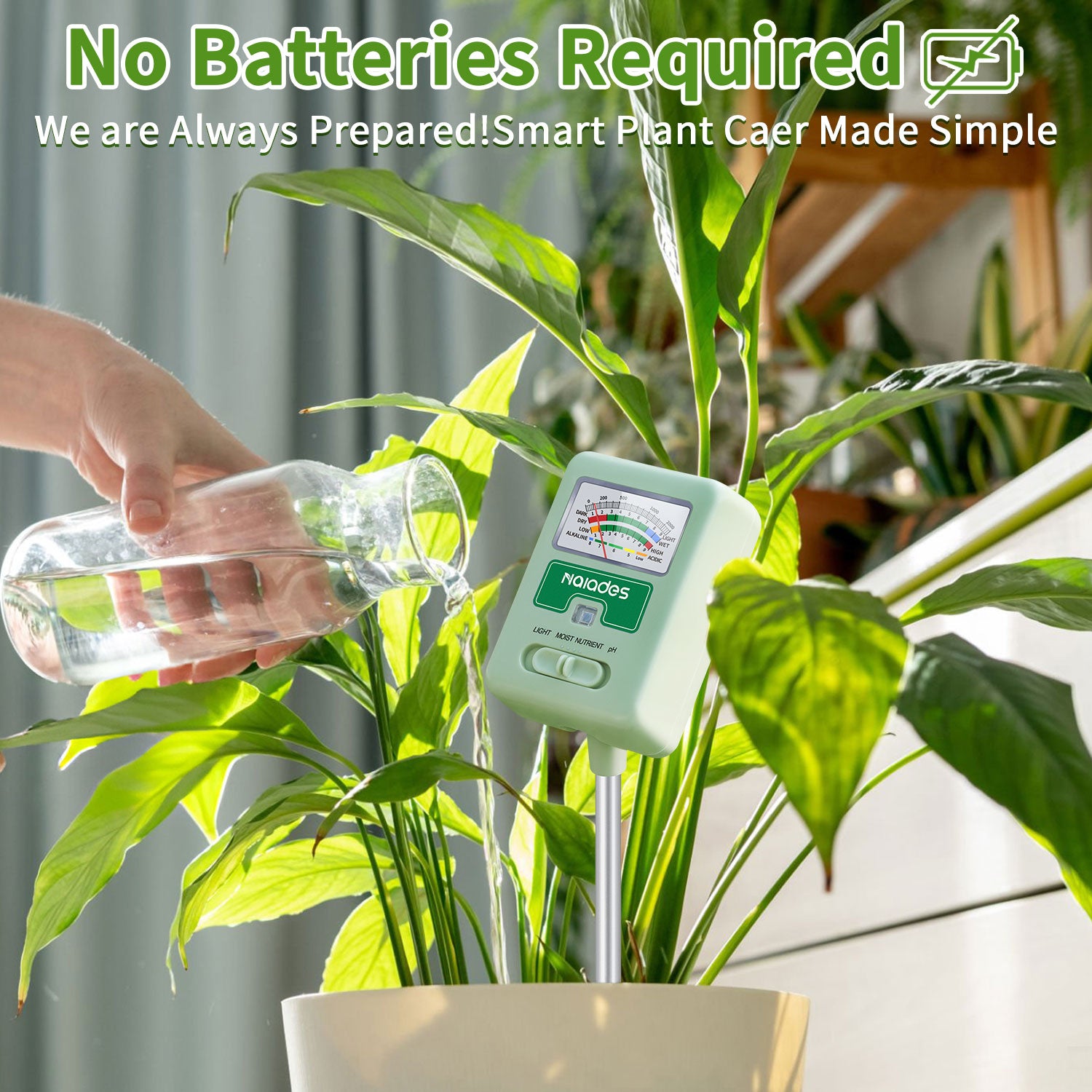 Naiades Soil Moisture Meter for Plants, 4-in-1 Soil pH Tester, Soil Tester for Moisture, Light, Nutrients, pH, Soil Ph Test Kit Water Meter for Indoor Plants &amp; Outdoor Garden, Lawn, Farm (No Battery Required) --Green P404