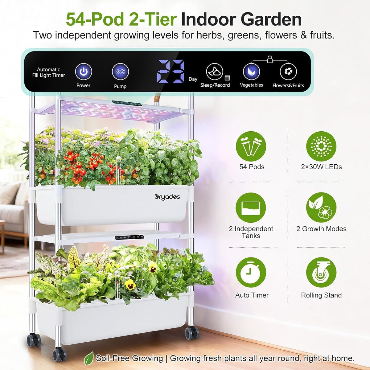 Dryades 54-Pod Hydroponic Growing System, 2-Tier Indoor Garden for Herbs &amp; Vegetables with 2×30W Full-Spectrum LED Grow Lights, 28L Water Capacity, Rolling Stand, Starter Seeds Included Z248-2-WH