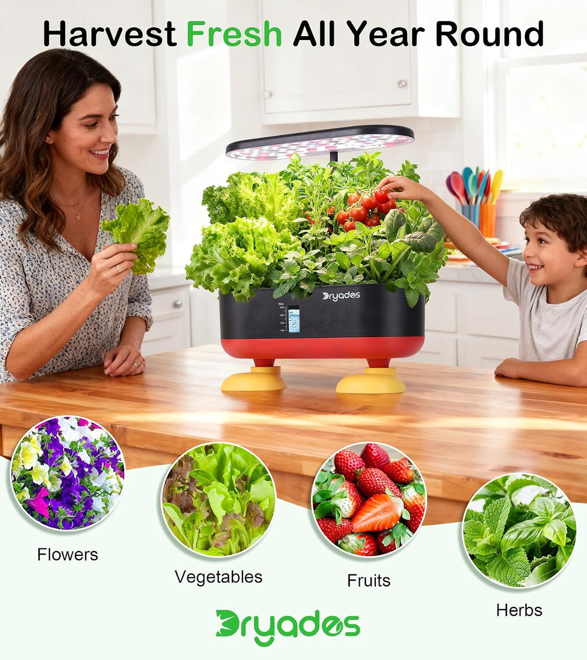 Dryades 16 Pods Hydroponic Growing System, Indoor Garden with 24W Full-Spectrum LED, Smart Quiet Auto-Watering Herb Planter, Classic Red-Black Gift Design for Home, Office &amp; Holiday Z253