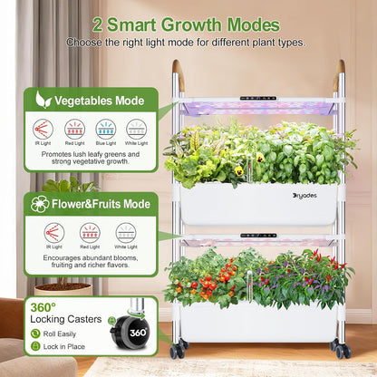 Dryades 54-Pod Hydroponic Growing System, 2-Tier Indoor Garden for Herbs &amp; Vegetables with 2×30W Full-Spectrum LED Grow Lights, 28L Water Capacity, Rolling Stand, Starter Seeds Included Z248-2-WH