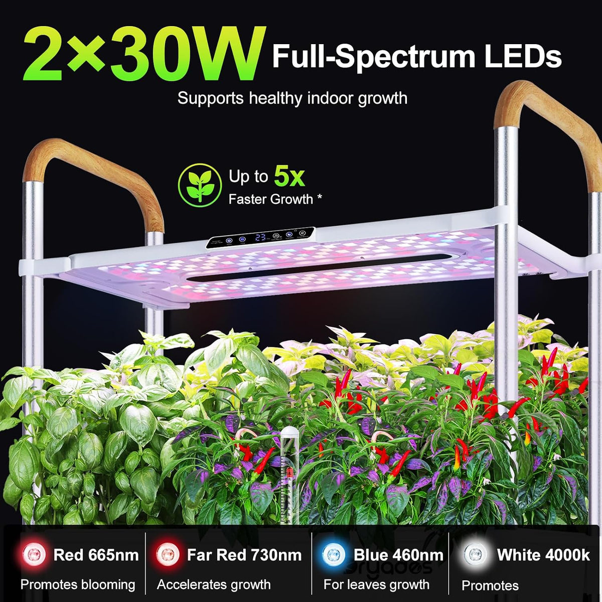 Dryades 54-Pod Hydroponic Growing System, 2-Tier Indoor Garden for Herbs &amp; Vegetables with 2×30W Full-Spectrum LED Grow Lights, 28L Water Capacity, Rolling Stand, Starter Seeds Included Z248-2-WH