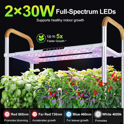 Dryades 54-Pod Hydroponic Growing System, 2-Tier Indoor Garden for Herbs &amp; Vegetables with 2×30W Full-Spectrum LED Grow Lights, 28L Water Capacity, Rolling Stand, Starter Seeds Included Z248-2-WH