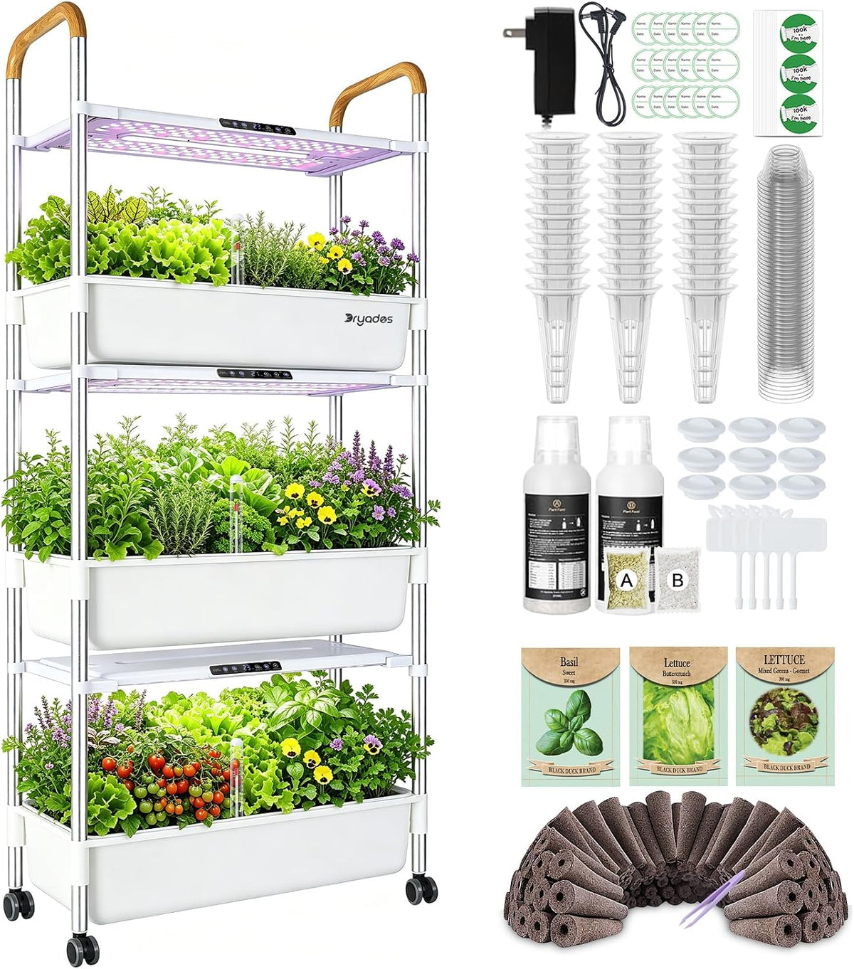 DRYADES Hydroponic Growing System, 81-Pod Large Indoor Herb Garden 3-Tier with 3 x 30W LED Grow Lights, Independent Pump, 42L Total Water Level, Movable Planter with 3 Seed Packs Included(White)Z248-3-WH