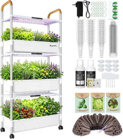 DRYADES Hydroponic Growing System, 81-Pod Large Indoor Herb Garden 3-Tier with 3 x 30W LED Grow Lights, Independent Pump, 42L Total Water Level, Movable Planter with 3 Seed Packs Included(White)Z248-3-WH