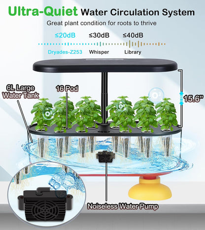Dryades 16 Pods Hydroponic Growing System, Indoor Garden with 24W Full-Spectrum LED, Smart Quiet Auto-Watering Herb Planter, Classic Red-Black Gift Design for Home, Office &amp; Holiday Z253