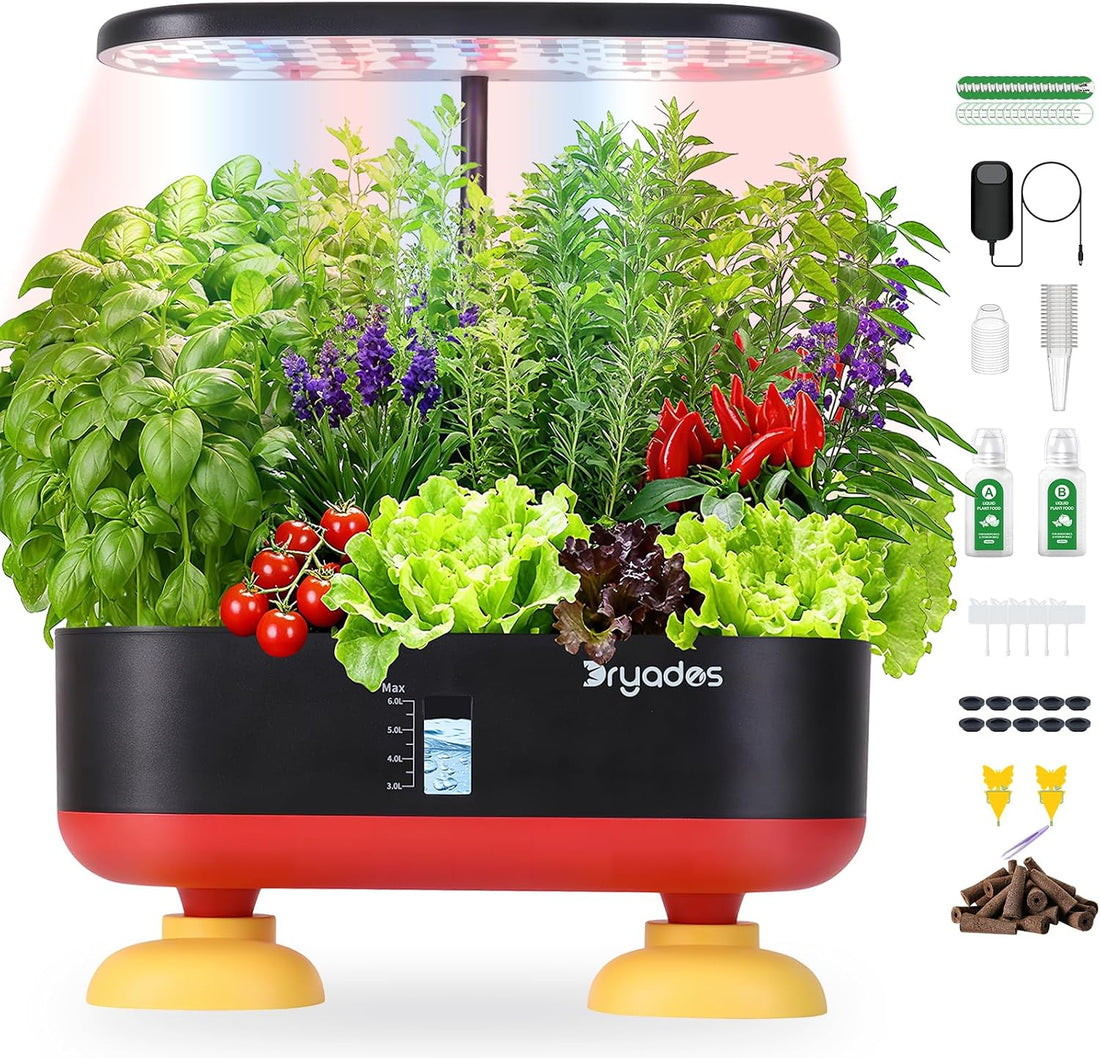Dryades 16 Pods Hydroponic Growing System, Indoor Garden with 24W Full-Spectrum LED, Smart Quiet Auto-Watering Herb Planter, Classic Red-Black Gift Design for Home, Office &amp; Holiday Z253