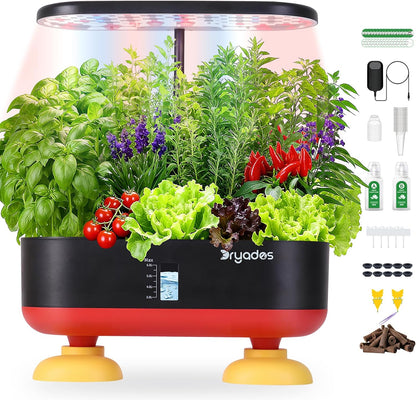 Dryades 16 Pods Hydroponic Growing System, Indoor Garden with 24W Full-Spectrum LED, Smart Quiet Auto-Watering Herb Planter, Classic Red-Black Gift Design for Home, Office &amp; Holiday Z253