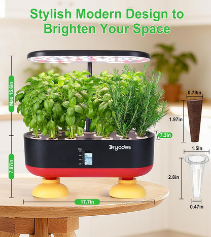 Dryades 16 Pods Hydroponic Growing System, Indoor Garden with 24W Full-Spectrum LED, Smart Quiet Auto-Watering Herb Planter, Classic Red-Black Gift Design for Home, Office &amp; Holiday Z253