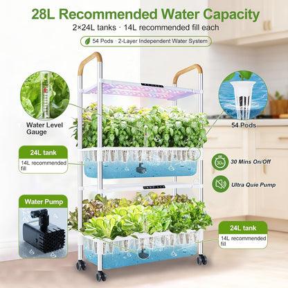 Dryades 54-Pod Hydroponic Growing System, 2-Tier Indoor Garden for Herbs &amp; Vegetables with 2×30W Full-Spectrum LED Grow Lights, 28L Water Capacity, Rolling Stand, Starter Seeds Included Z248-2-WH