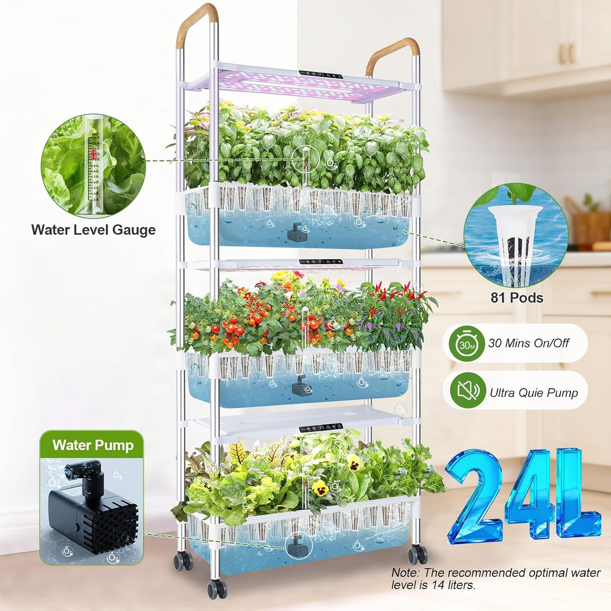 DRYADES Hydroponic Growing System, 81-Pod Large Indoor Herb Garden 3-Tier with 3 x 30W LED Grow Lights, Independent Pump, 42L Total Water Level, Movable Planter with 3 Seed Packs Included(White)Z248-3-WH