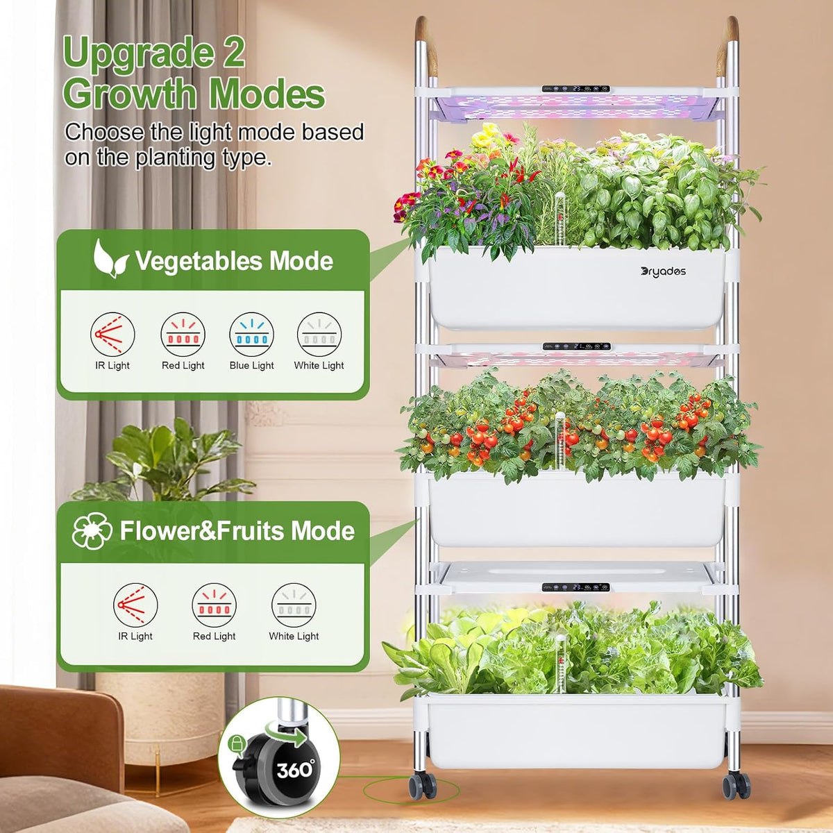 DRYADES Hydroponic Growing System, 81-Pod Large Indoor Herb Garden 3-Tier with 3 x 30W LED Grow Lights, Independent Pump, 42L Total Water Level, Movable Planter with 3 Seed Packs Included(White)Z248-3-WH
