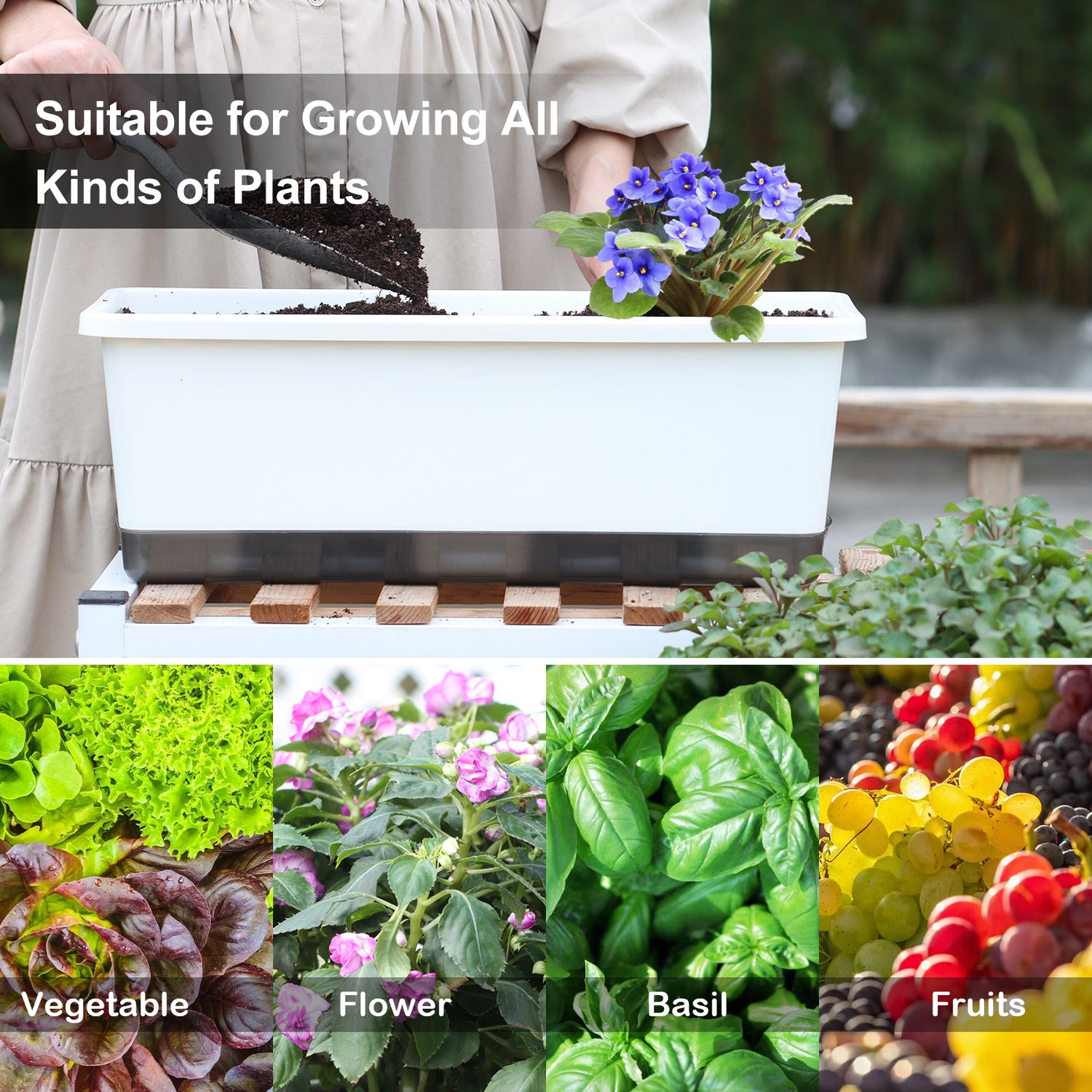 OLiz Window Box Planter 8 Pcs, 17 Inches Rectangle Flower Pots with Drainage Holes and Trays, Vegetable Planters for Windowsill Patio Garden Balcony Home Porch Yard Indoor Outdoor (White)--SC11