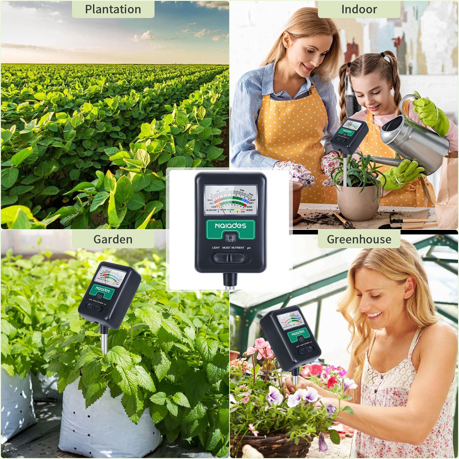 Naiades Soil Moisture Meter for Plants, 4-in-1 Soil pH Tester, Soil Tester for Moisture, Light, Nutrients, pH, Soil Ph Test Kit Water Meter for Indoor Plants &amp; Outdoor Garden, Lawn, Farm (No Battery Required) --Black P404