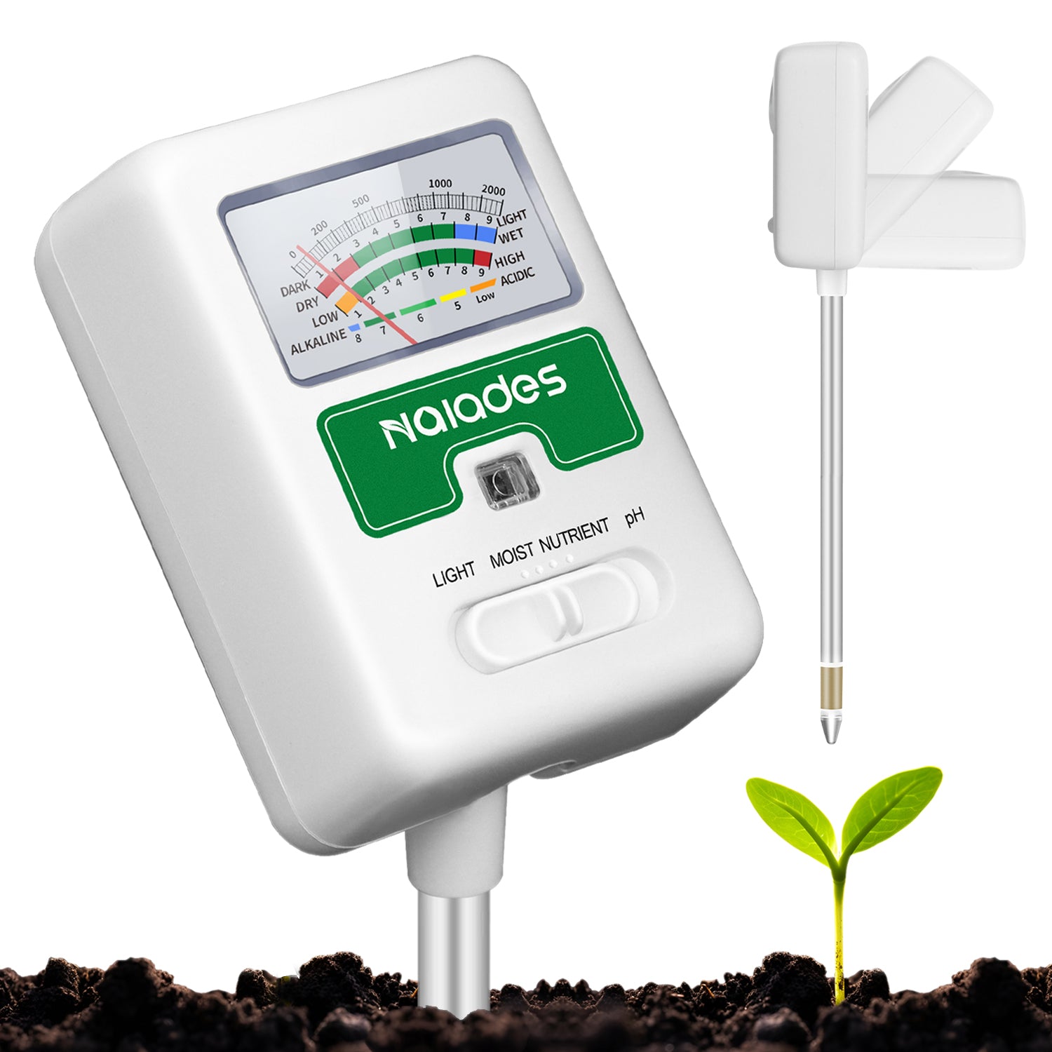 Naiades Soil Moisture Meter for Plants, 4-in-1 Soil pH Tester, Soil Tester for Moisture, Light, Nutrients, pH, Soil Ph Test Kit Water Meter for Indoor Plants &amp; Outdoor Garden, Lawn, Farm (No Battery Required) --White  P404