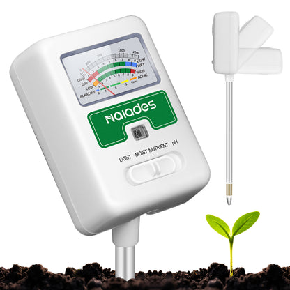 Naiades Soil Moisture Meter for Plants, 4-in-1 Soil pH Tester, Soil Tester for Moisture, Light, Nutrients, pH, Soil Ph Test Kit Water Meter for Indoor Plants &amp; Outdoor Garden, Lawn, Farm (No Battery Required) --White  P404