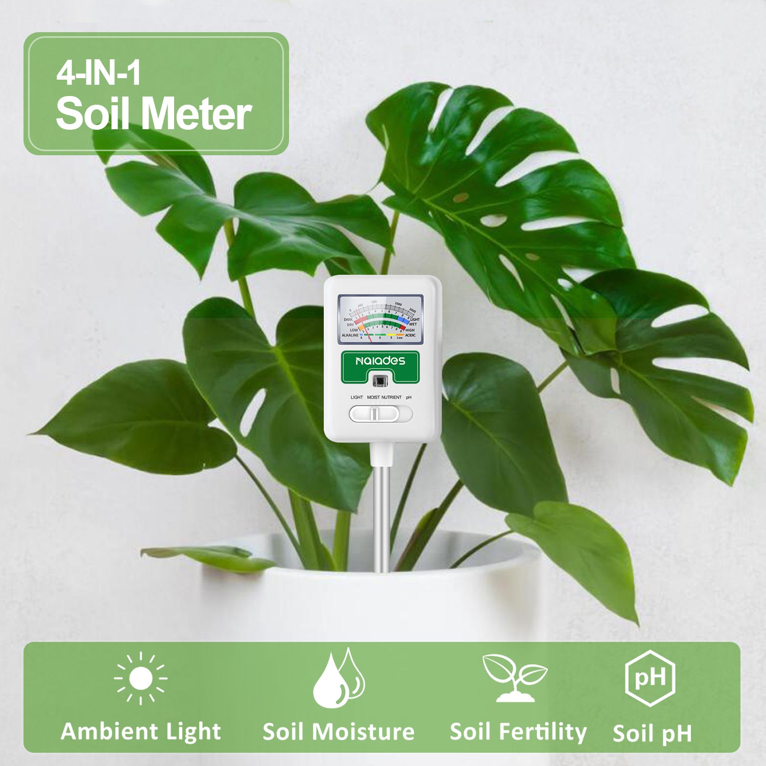 Naiades Soil Moisture Meter for Plants, 4-in-1 Soil pH Tester, Soil Tester for Moisture, Light, Nutrients, pH, Soil Ph Test Kit Water Meter for Indoor Plants &amp; Outdoor Garden, Lawn, Farm (No Battery Required) --White  P404