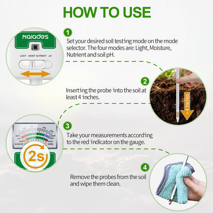 Naiades Soil Moisture Meter for Plants, 4-in-1 Soil pH Tester, Soil Tester for Moisture, Light, Nutrients, pH, Soil Ph Test Kit Water Meter for Indoor Plants &amp; Outdoor Garden, Lawn, Farm (No Battery Required) --White  P404