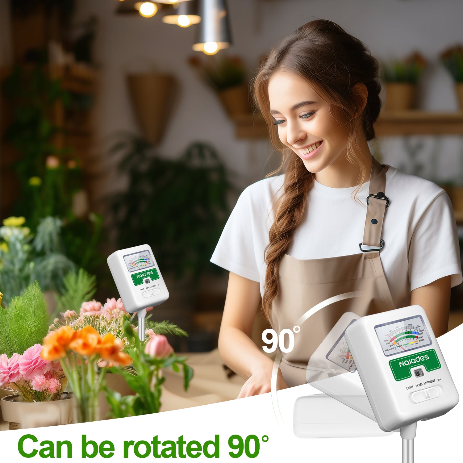 Naiades Soil Moisture Meter for Plants, 4-in-1 Soil pH Tester, Soil Tester for Moisture, Light, Nutrients, pH, Soil Ph Test Kit Water Meter for Indoor Plants &amp; Outdoor Garden, Lawn, Farm (No Battery Required) --White  P404