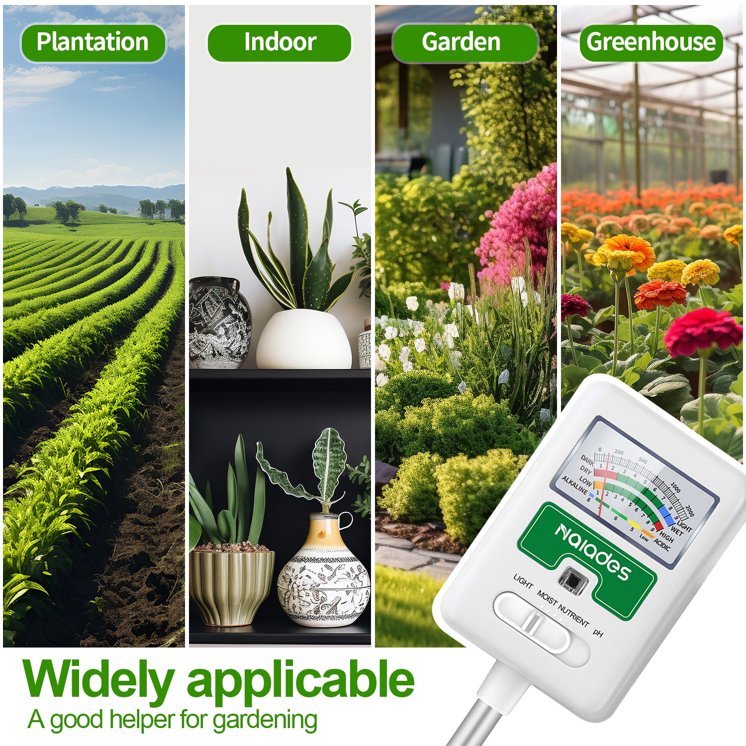 Naiades Soil Moisture Meter for Plants, 4-in-1 Soil pH Tester, Soil Tester for Moisture, Light, Nutrients, pH, Soil Ph Test Kit Water Meter for Indoor Plants &amp; Outdoor Garden, Lawn, Farm (No Battery Required) --White  P404