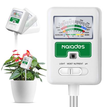 Naiades Soil Moisture Meter for Plants, 4-in-1 Soil pH Tester, Soil Tester for Moisture, Light, Nutrients, pH, Soil Ph Test Kit Water Meter for Indoor Plants &amp; Outdoor Garden, Lawn, Farm (No Battery Required) --White  P404