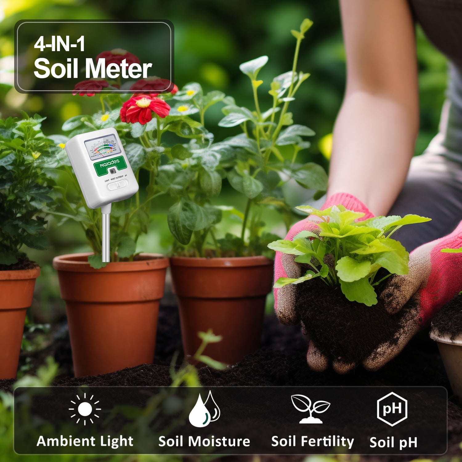 Naiades Soil Moisture Meter for Plants, 4-in-1 Soil pH Tester, Soil Tester for Moisture, Light, Nutrients, pH, Soil Ph Test Kit Water Meter for Indoor Plants &amp; Outdoor Garden, Lawn, Farm (No Battery Required) --White  P404