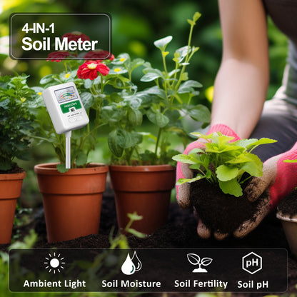 Naiades Soil Moisture Meter for Plants, 4-in-1 Soil pH Tester, Soil Tester for Moisture, Light, Nutrients, pH, Soil Ph Test Kit Water Meter for Indoor Plants &amp; Outdoor Garden, Lawn, Farm (No Battery Required) --White  P404