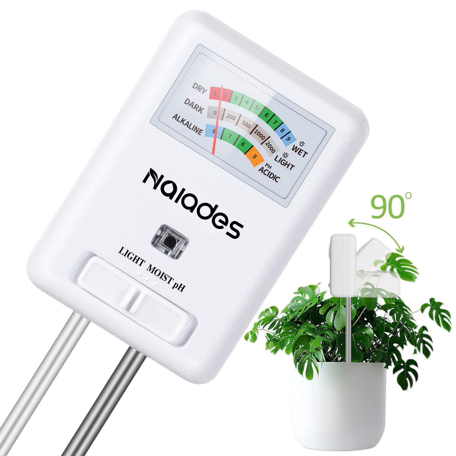 Naiades 3-in-1 Soil Moisture Meter Light and PH Tester for Indoor &amp; Outdoor House Plants, Garden, Lawn, Farm (No Battery Needed)--P407
