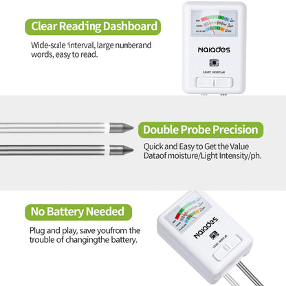 Naiades 3-in-1 Soil Moisture Meter Light and PH Tester for Indoor &amp; Outdoor House Plants, Garden, Lawn, Farm (No Battery Needed)--P407