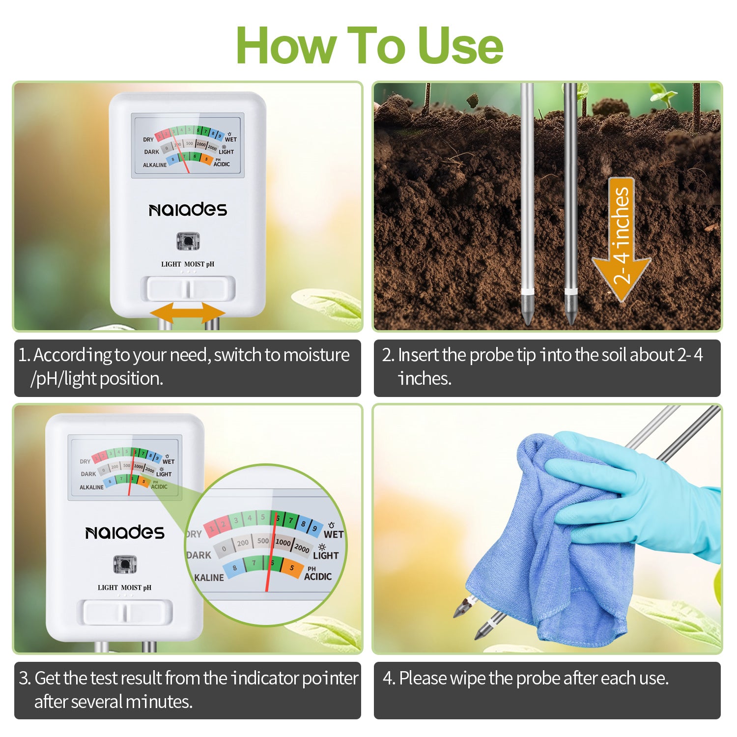 Naiades 3-in-1 Soil Moisture Meter Light and PH Tester for Indoor &amp; Outdoor House Plants, Garden, Lawn, Farm (No Battery Needed)--P407