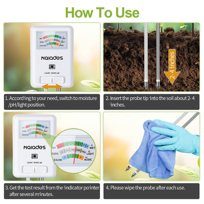 Naiades 3-in-1 Soil Moisture Meter Light and PH Tester for Indoor &amp; Outdoor House Plants, Garden, Lawn, Farm (No Battery Needed)--P407